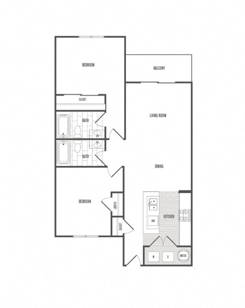 Floor plan for 2 beds, 2 baths, 910 sqft